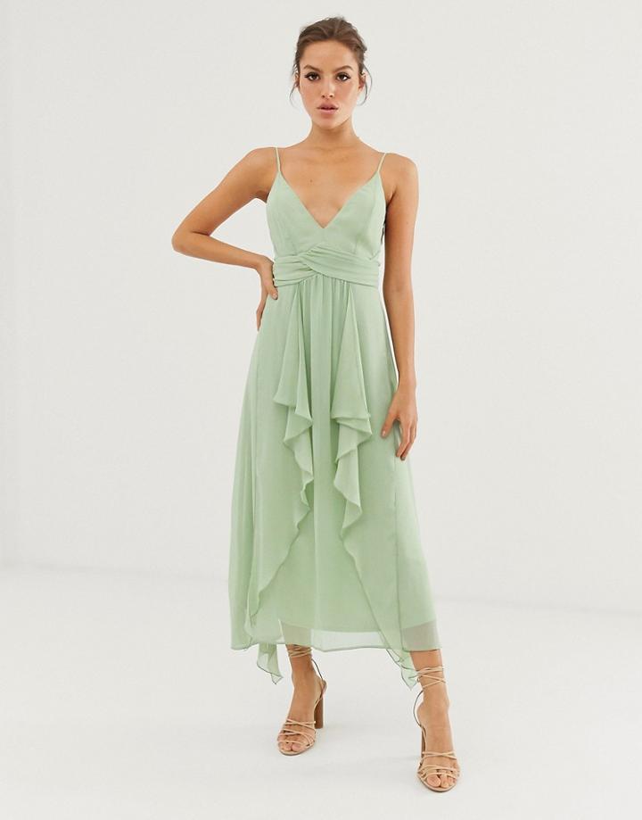 Asos Design Cami Midi Dress With Soft Layered Skirt And Ruched Bodice-green