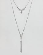 Asos Design Engraved Charm And Chain Tassel Multirow Necklace - Silver