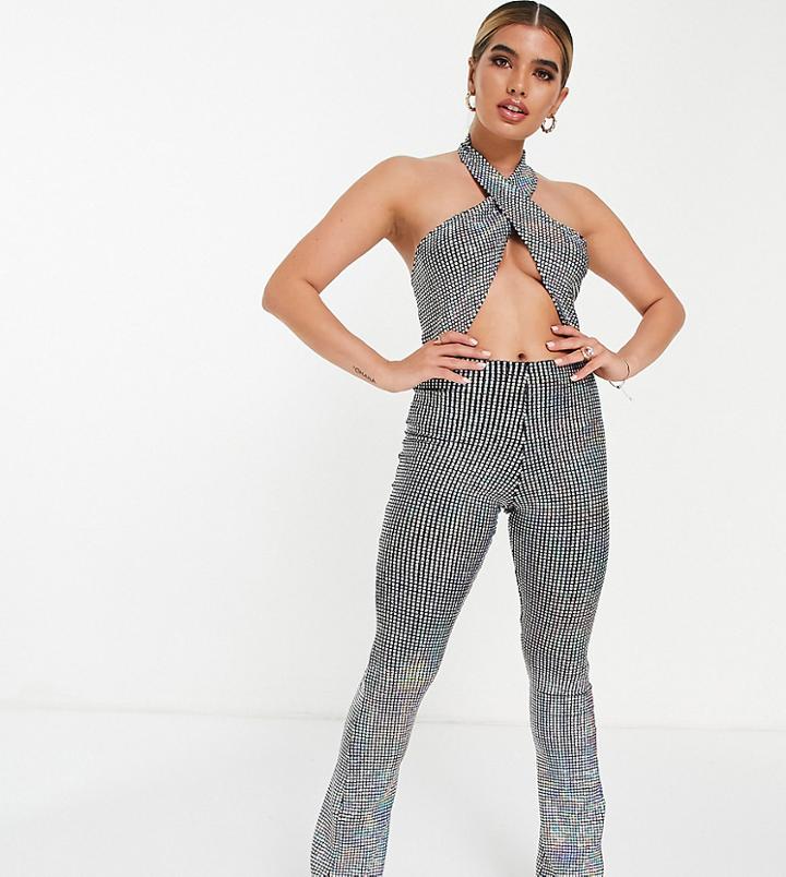 Asyou Holograhic Sequin Cross Front Jumpsuit In Silver