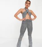 Asyou Holograhic Sequin Cross Front Jumpsuit In Silver
