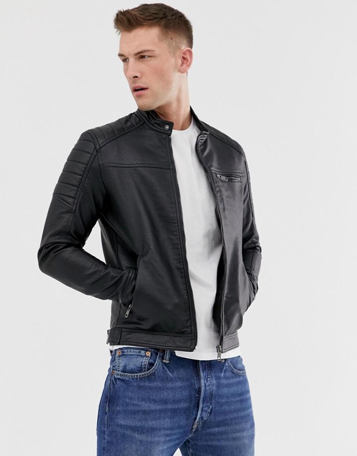 Jack & Jones Core Faux Leather Racer Jacket In Black - Black