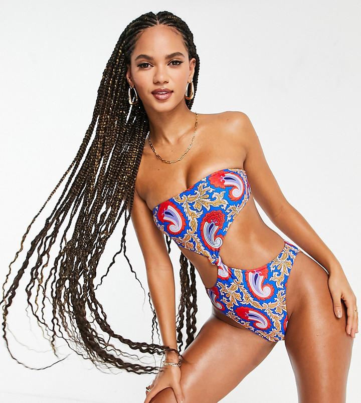 Missguided Swimsuit With Knot Front In Blue Scarf Print-blues
