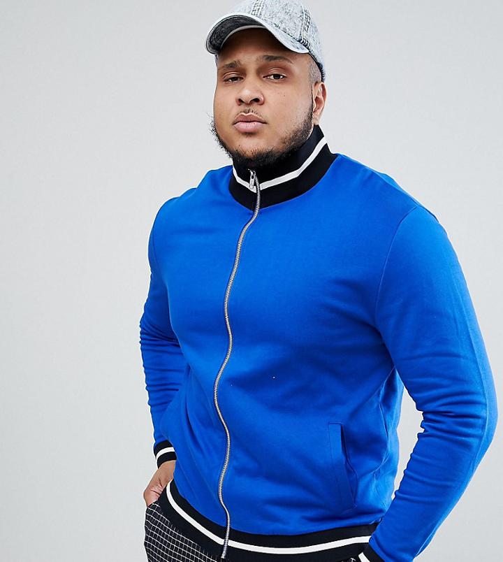 Asos Design Plus Jersey Track Jacket In Bright Blue With Contrast Tipping - Blue