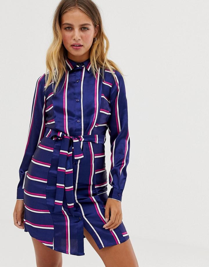 Influence Belted Midi Shirt Dress In Stripe Print - Navy
