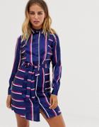 Influence Belted Midi Shirt Dress In Stripe Print - Navy