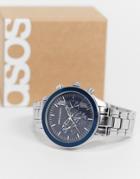 Asos Design Bracelet Watch With Navy Face In Silver Tone