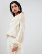 Vila Chunky Cable Knit Off Shoulder Sweater - Cream