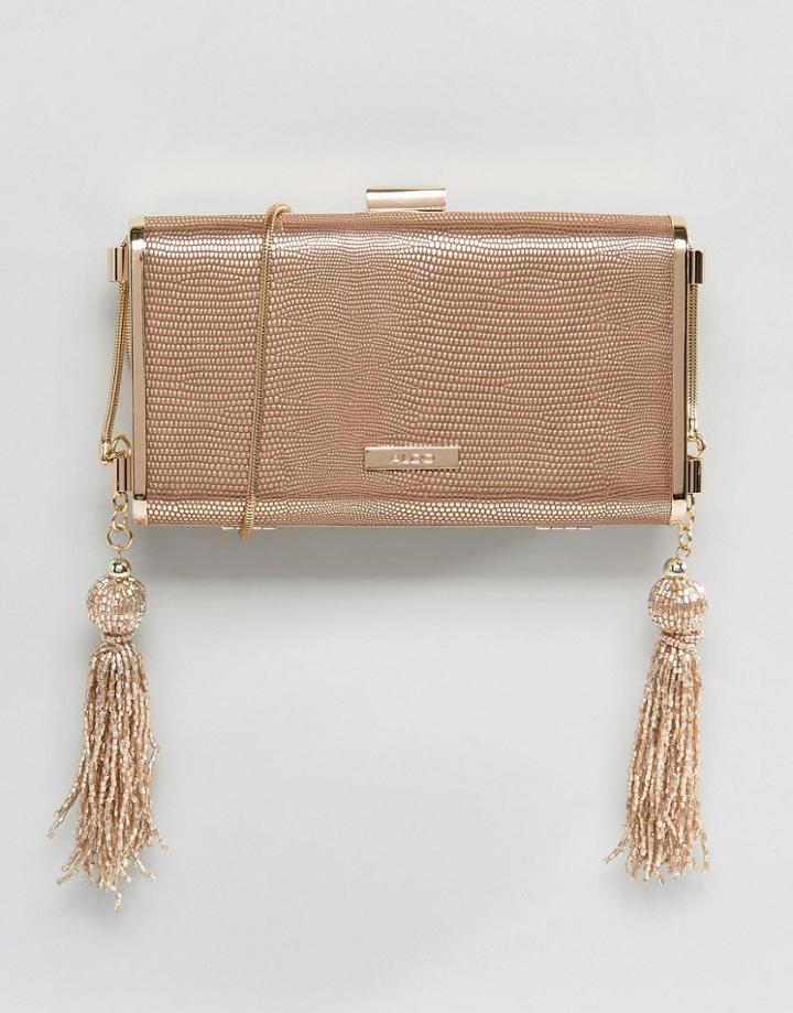 Aldo Rose Gold Box Clutch With Cross Body Chain - Gold
