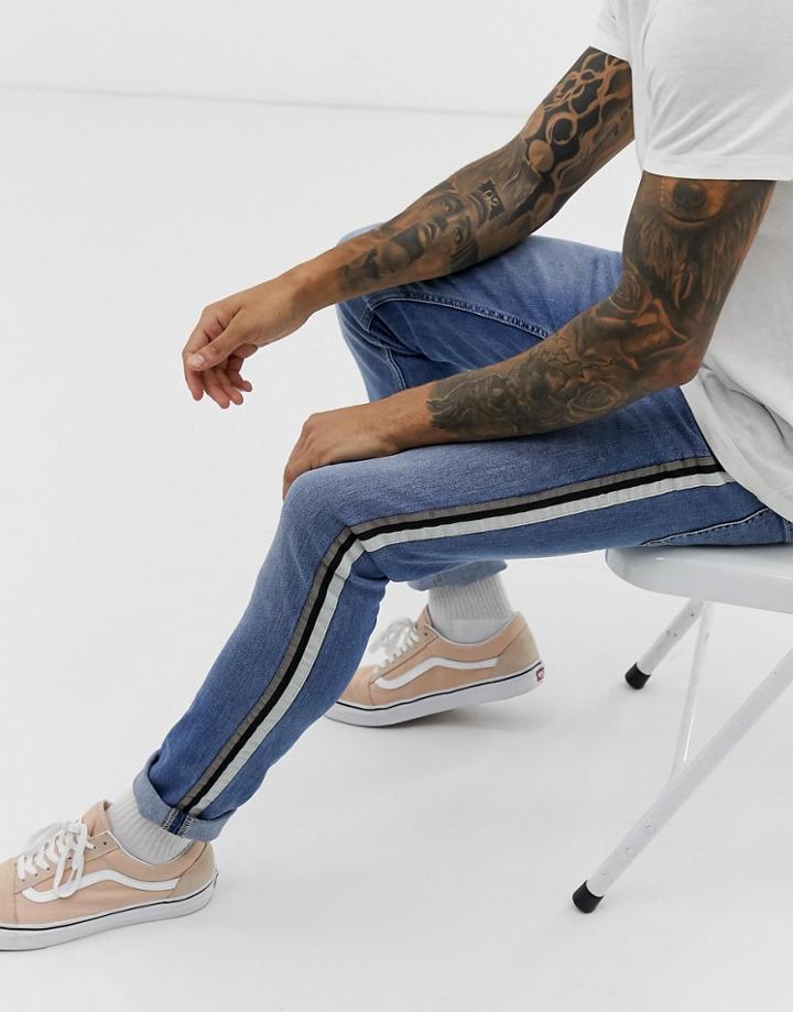 Burton Menswear Skinny Jeans With Side Stripe In Mid Wash - Blue