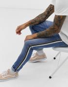 Burton Menswear Skinny Jeans With Side Stripe In Mid Wash - Blue