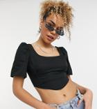 Collusion Pointed Waist Crop Top With Puff Sleeves In Black