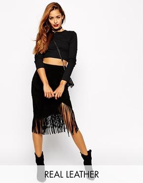 Asos Wrap Pencil Skirt In Suede With Fringing - Black