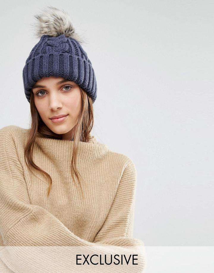 Stitch & Pieces Knitted Faux Fur Pom Beanie - Navy