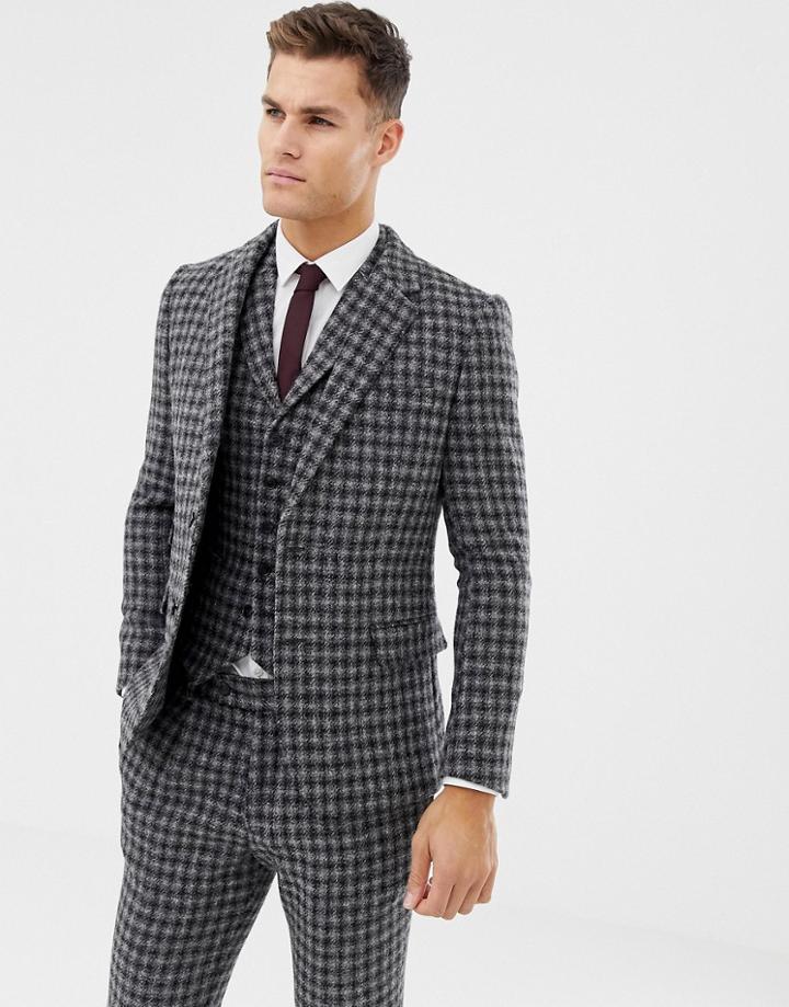 Asos Design Slim Suit Jacket In 100% Wool Harris Tweed In Monochrome-black