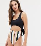 Asos Design Tall Recycled Cut Out Swimsuit In Color Block Stripe Print - Multi