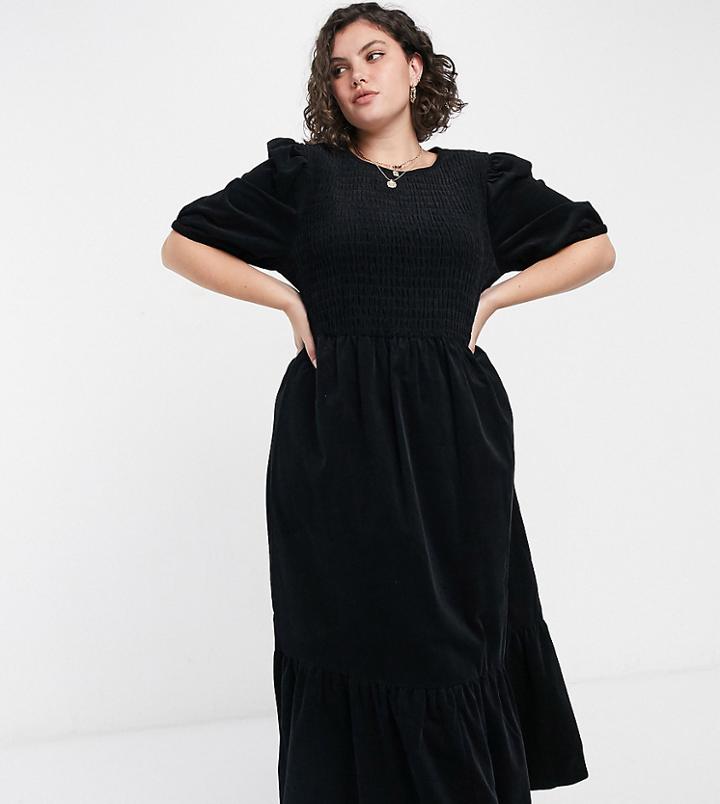 Asos Design Curve Shirred Maxi Smock Dress In Cord In Black