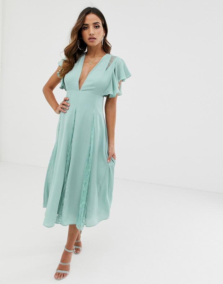 Asos Design Midi Dress With Lace Godet Panels - Green