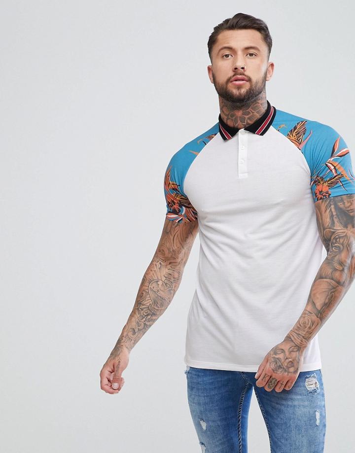 Asos Design Longline Polo With Floral Sleeve And Tipped Collar In Pique - White