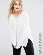 Asos Curve V Neck Top With Long Sleeves In Oversized Slouchy Rib - White