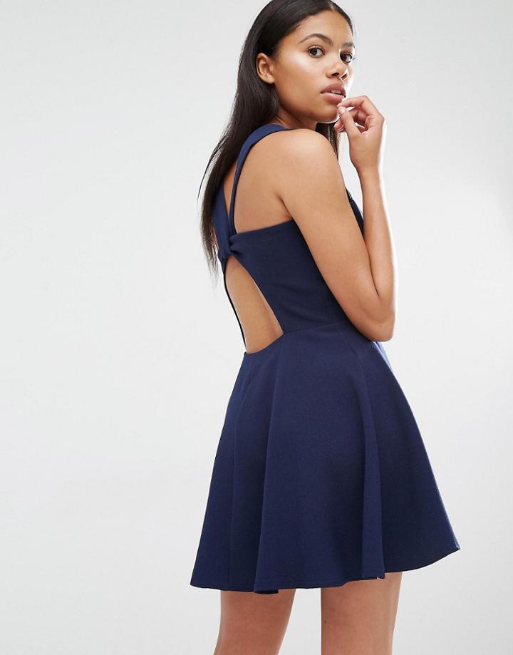 Love Navy Twist Back Guage Strap Skater Dress - Navy