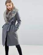 Brave Soul Ada Long Coat With Detachable Faux Fur Collar - Gray