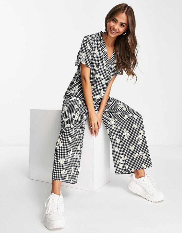Asos Design Bubble Crepe Double Breasted Smock Jumpsuit In Gingham Floral-multi
