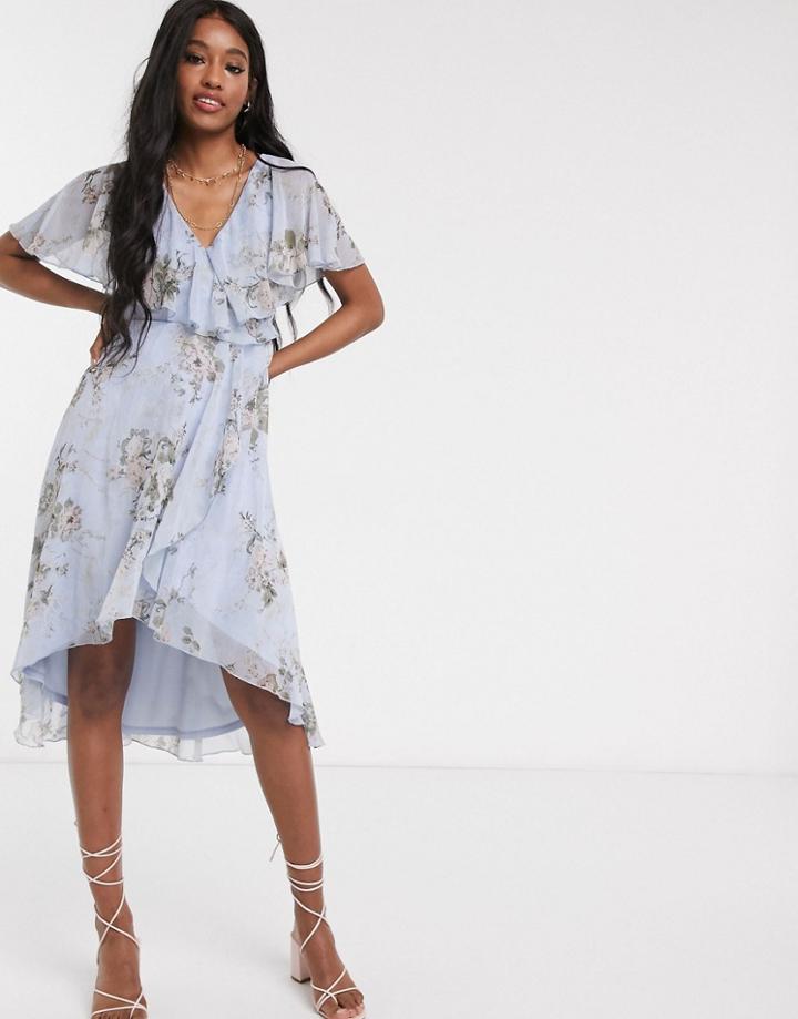 Asos Design Cape Back Dipped Hem Maxi Dress In Floral Print-multi