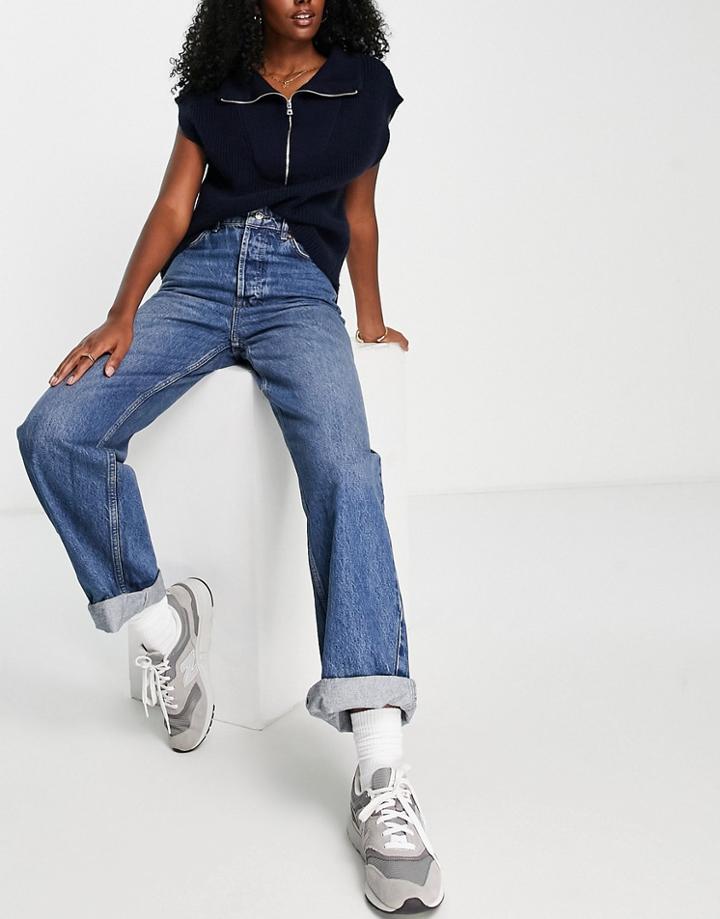 Topshop Oversize Mom Recycled Cotton Blend Jean In Mid Blue