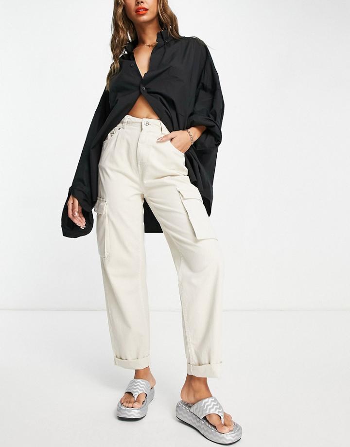 Bershka Pocket Detail Slim Leg Cargo Pants In Beige-neutral