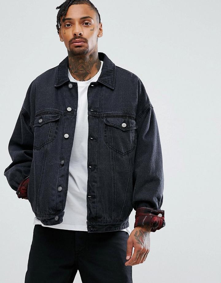 Asos Oversized Denim Jacket With Padding In Washed Black - Black