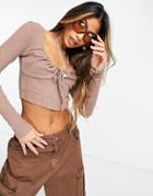 Bershka Bust Seam Detail Long Sleeve Crop Top In Mink-neutral