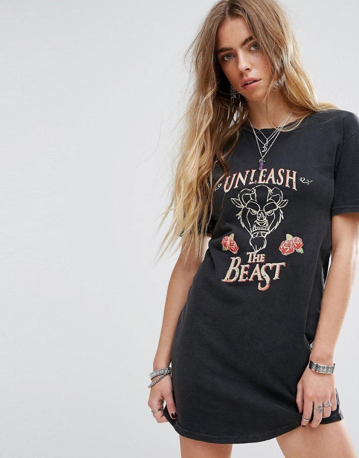 Minkpink Beauty And The Beast T-shirt Dress With Unleash The Beast Print - Black