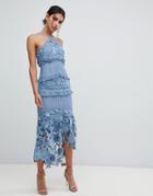 True Decadence Sleeveless Premium Lace Midi Dress With High Low Hem In Slate Blue - Blue
