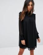 Qed London High Neck Shift Dress With Mesh Overlay - Black