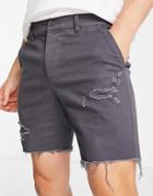 Asos Design Skinny Shorts With Rips In Charcoal-gray
