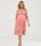 Asos Design Maternity Embroidered Midi Dress With Lace Trims - Pink