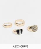Asos Design Curve Pack Of 4 Rings In Mixed Chunky Crystal Design In Gold Tone