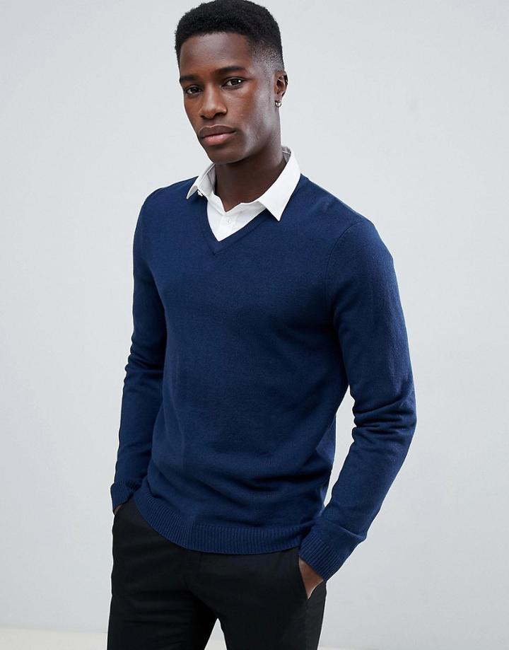 Asos Design V-neck Sweater In Navy - Navy