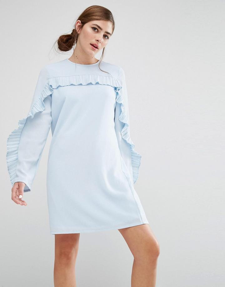Fashion Union Shift Dress With Pleated Ruffle Trim - Blue