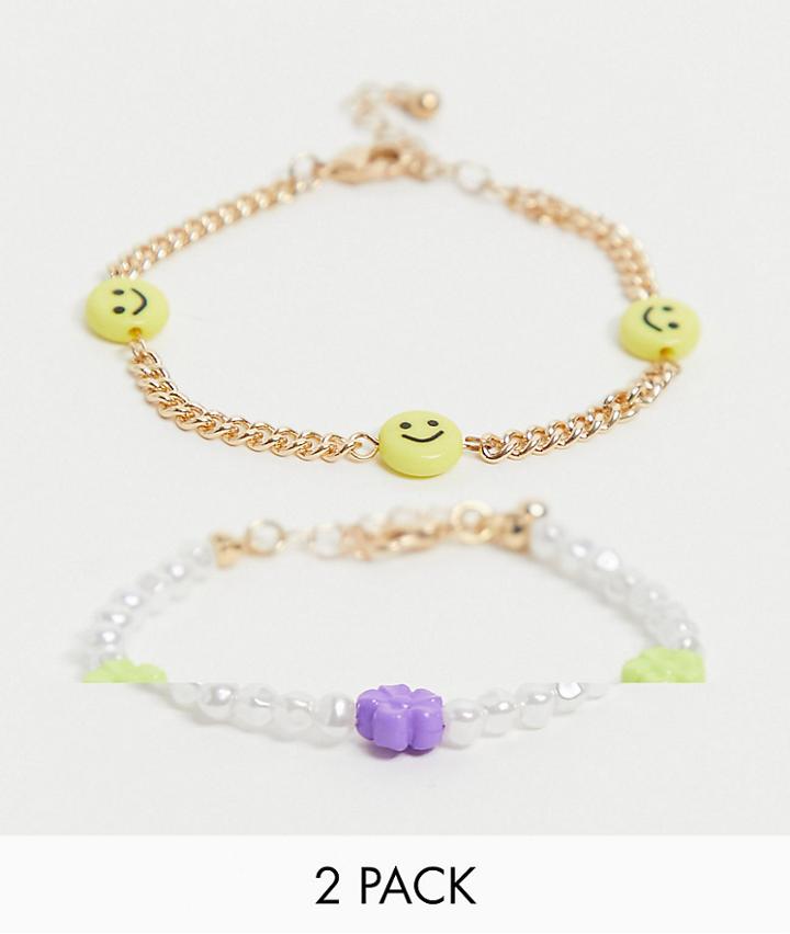 Asos Design 2-pack Pearl And Chain Bracelets In Gold Tone