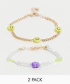 Asos Design 2-pack Pearl And Chain Bracelets In Gold Tone