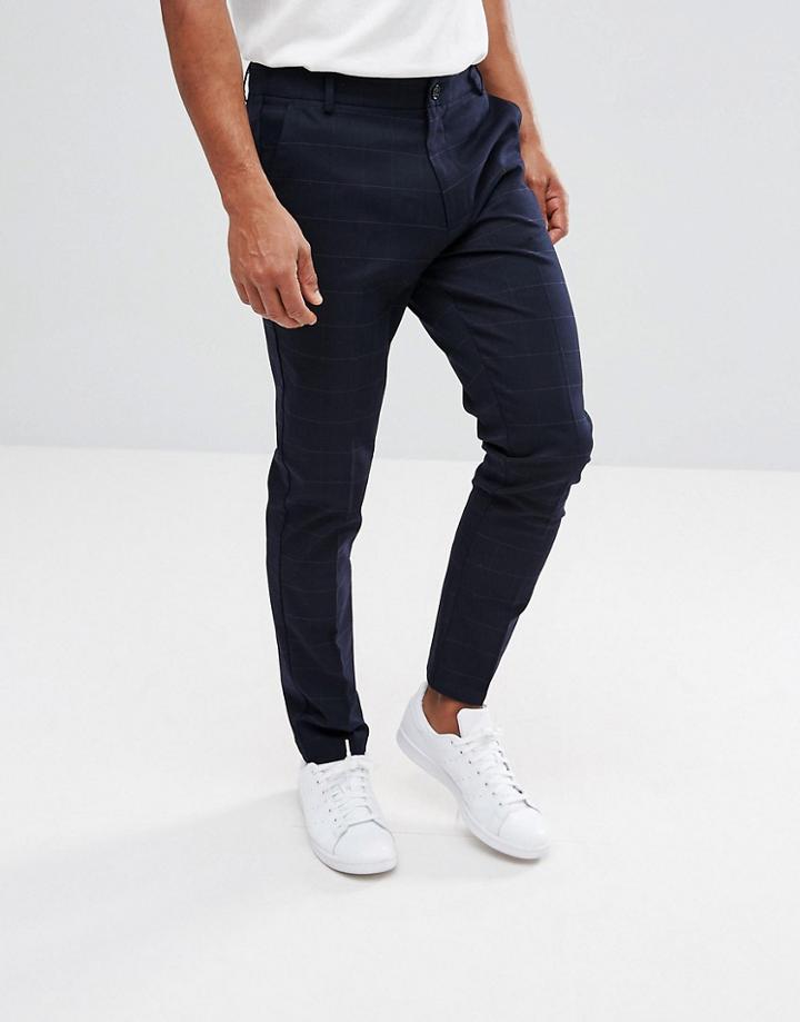 Stradivarius Slim Fit Checked Chinos In Navy - Navy