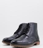 Silver Street Wide Fit Lace Up Brogue Boots In Black Leather