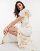 Hope & Ivy Bridesmaid Cross Back Maxi Dress With Cape Detail And Leg Slit In Soft Yellow Floral-multi