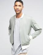 Asos Bomber Jacket With Sleeve Zip In Light Khaki With Ecru Rib - Green