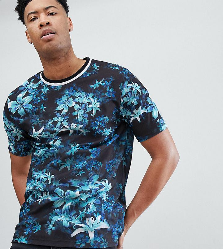 Asos Design Tall Relaxed T-shirt With Faded Floral And Tipped Rib - Black