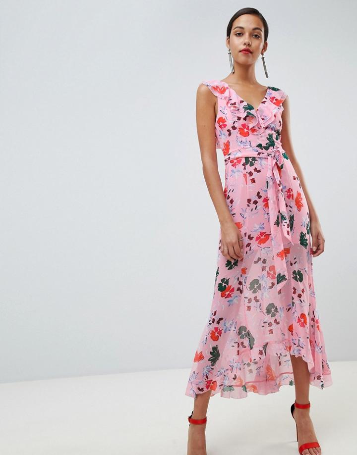 C/meo Floral Ruffle Midi Dress - Orange