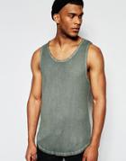 Asos Rib Longline Vest With Oil Wash And Curve Hem In Khaki - Khaki