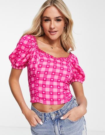Miss Selfridge Puff Sleeve Top In Heart Checkerboard Print-pink