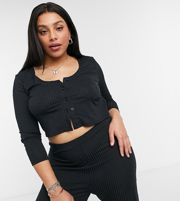 Collusion Plus Rib Button Through Long Sleeve Top In Black